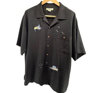 Hook &‎ Tackle Black Short Sleeve Button Up Shirt Embroidered Fish XL